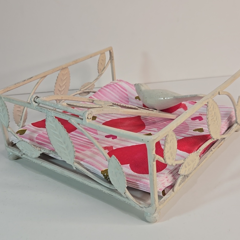 Shabby Chic Cottage Cream/Off White Metal Napkin Holder with Bird Vine Design - Picture 3 of 11